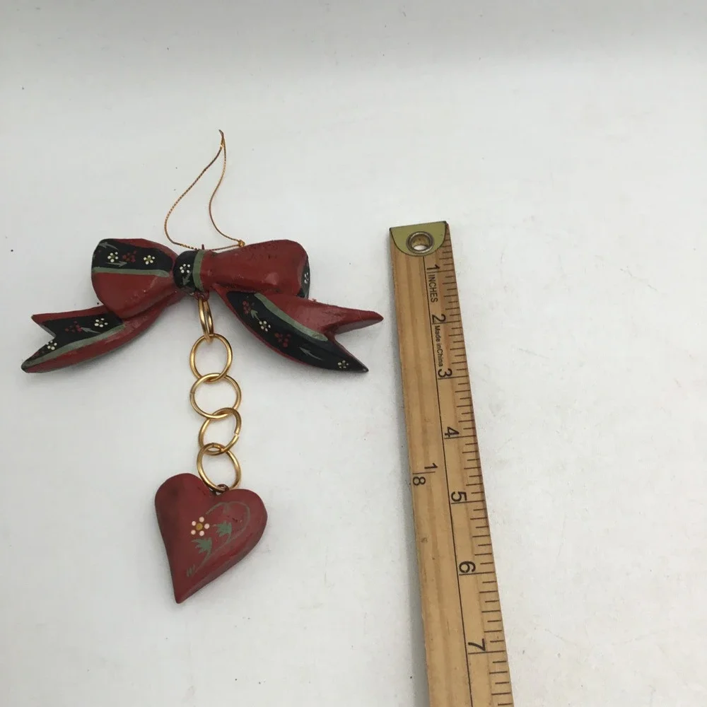 Vintage 1990 H of H Hand Painted Wood Bow and Heart Christmas Ornament Folk Art
